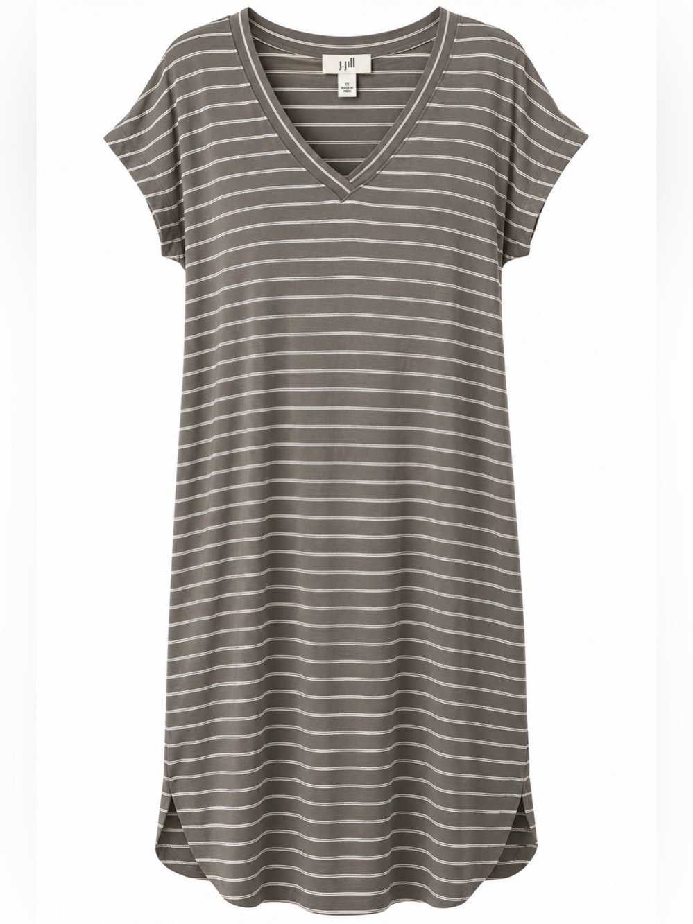 J.Jill Gray Green White Striped V-Neck Midi T-Shirt Dress 1X